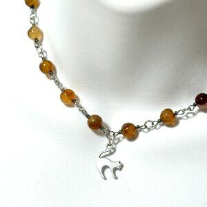 Genuine Earthy Carnelian Agate Short Necklace, Gemstone & Slim Cat Pendant